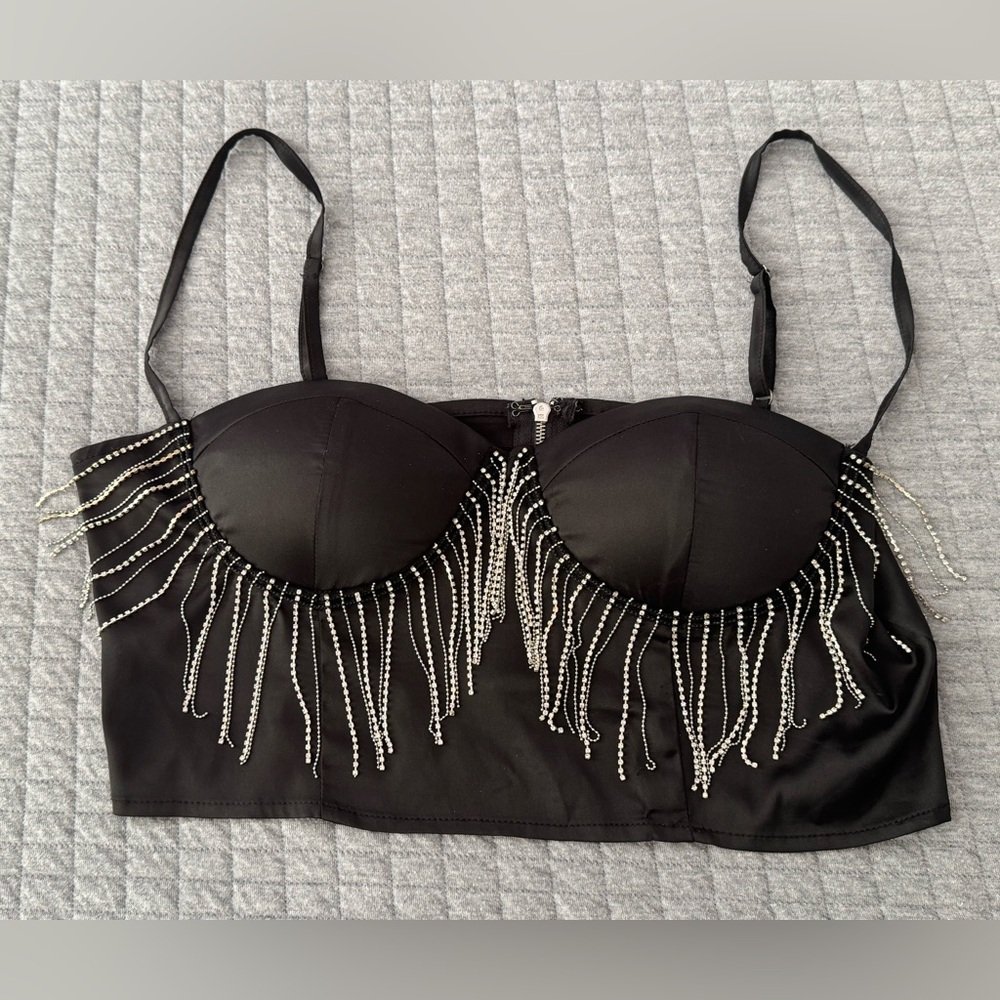 Top Chic Black Rhinestone Fringe Zippered Bustier Crop Top
